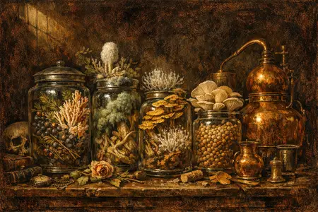 Gin Botanical Ossuary — Dutch Baroque still-life × mycology and decay