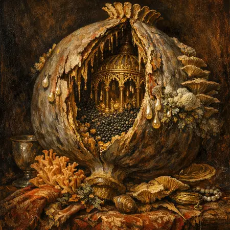 The Opium Pear — Dutch Baroque still-life × mycology and decay