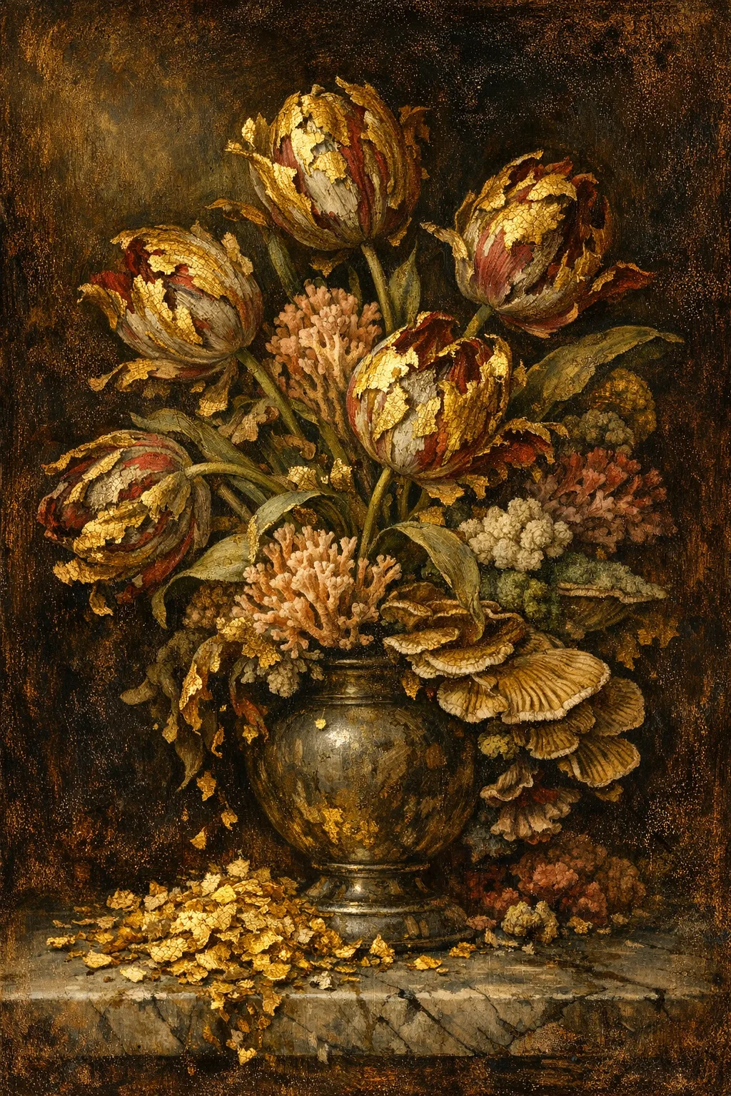 Tulip Mania — Dutch Baroque still-life × mycology and decay