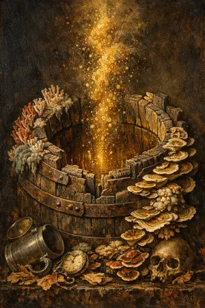 Whisky Barrel Deep — Dutch Baroque still-life × mycology and decay