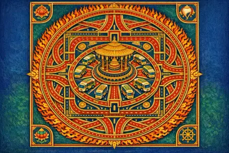 Bus Terminus Paradise — Tibetan thangka mandala × road and transit infrastructure