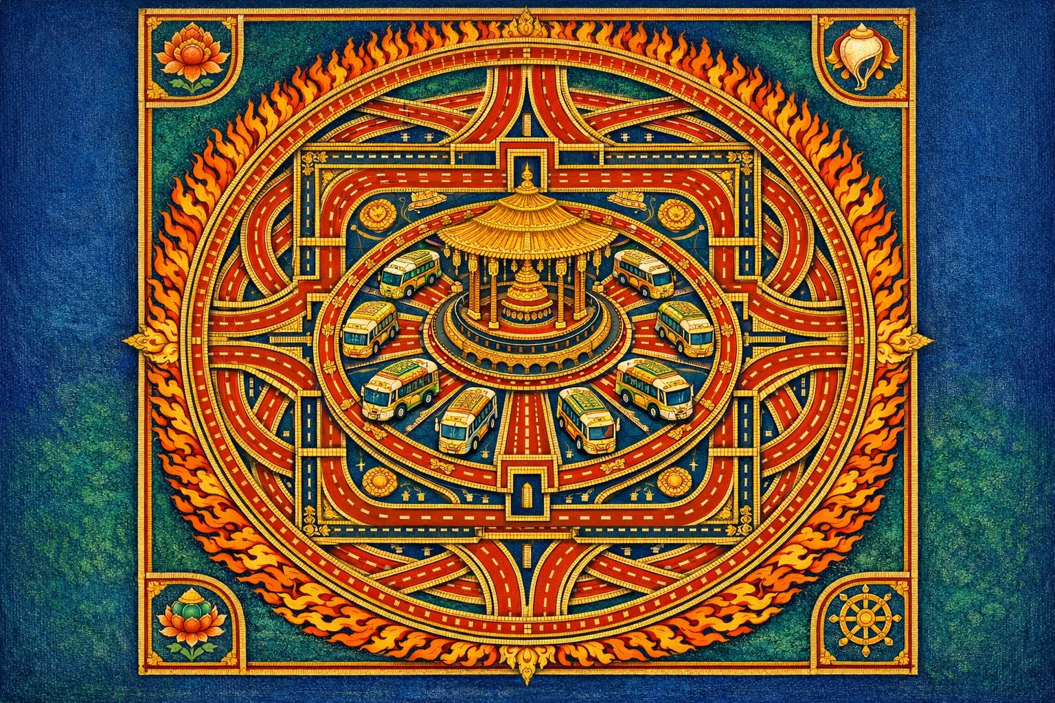 Bus Terminus Paradise — Tibetan thangka mandala × road and transit infrastructure