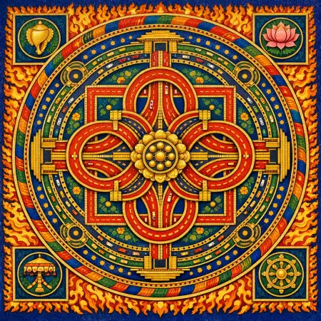 Cloverleaf Lotus — Tibetan thangka mandala × road and transit infrastructure
