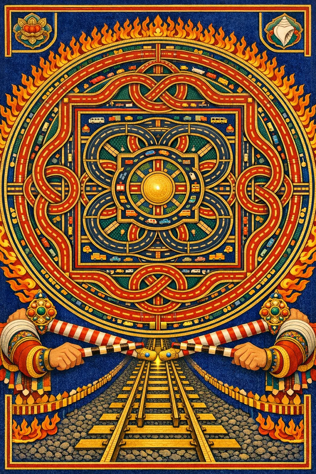 Level Crossing of the Guardians — Tibetan thangka mandala × road and transit infrastructure