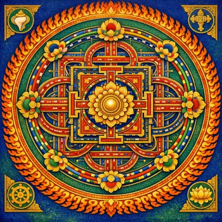 Metro Mandala — Tibetan thangka mandala × road and transit infrastructure
