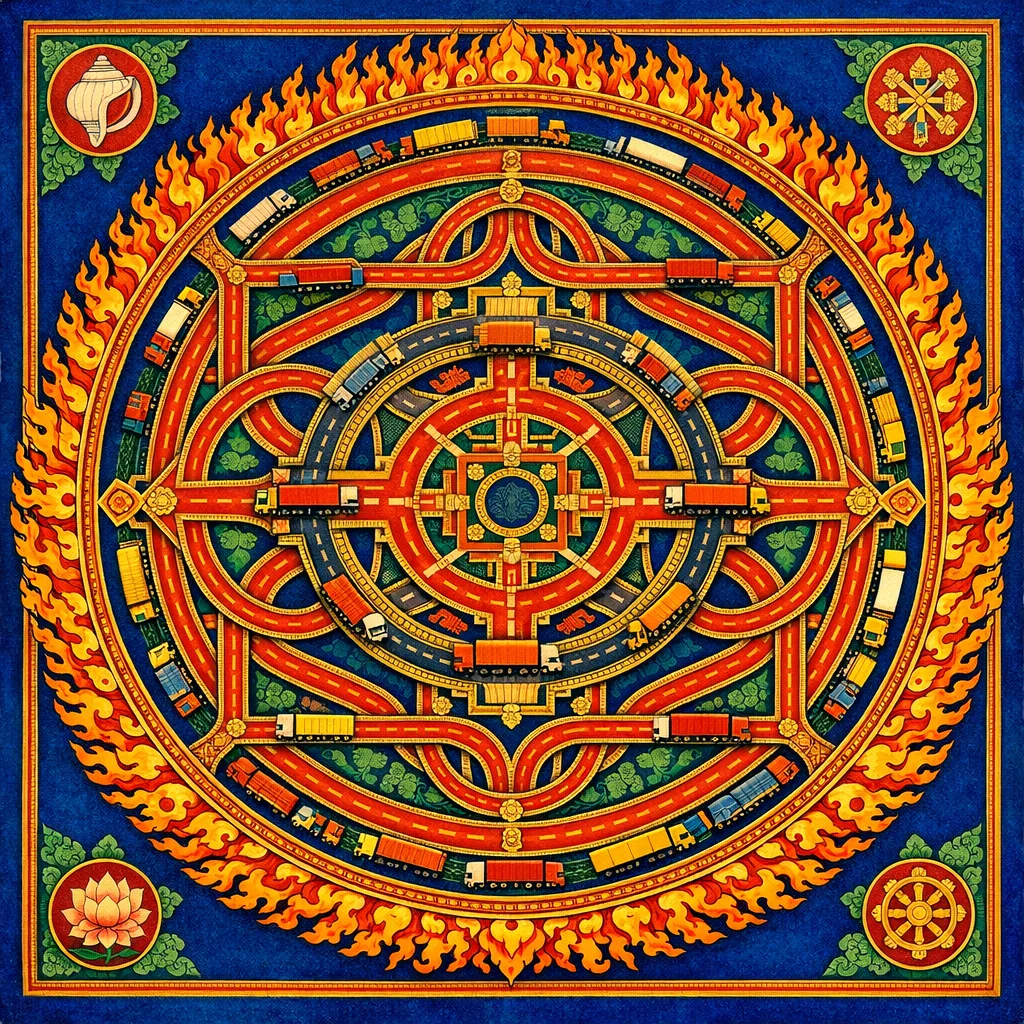 Roundabout of the Wrathful — Tibetan thangka mandala × road and transit infrastructure