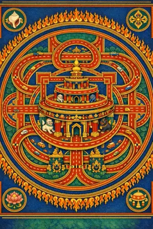 Stacked Flyover Palace — Tibetan thangka mandala × road and transit infrastructure