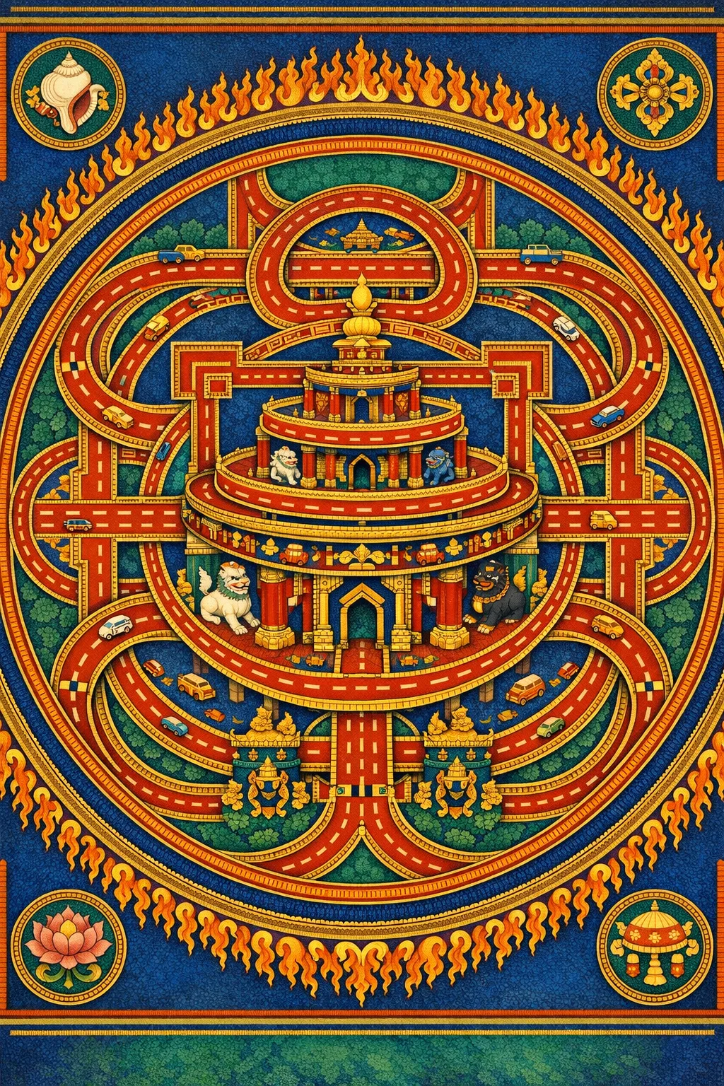 Stacked Flyover Palace — Tibetan thangka mandala × road and transit infrastructure