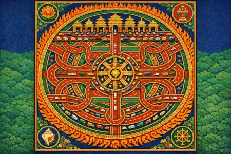 Toll Plaza of the Gates — Tibetan thangka mandala × road and transit infrastructure