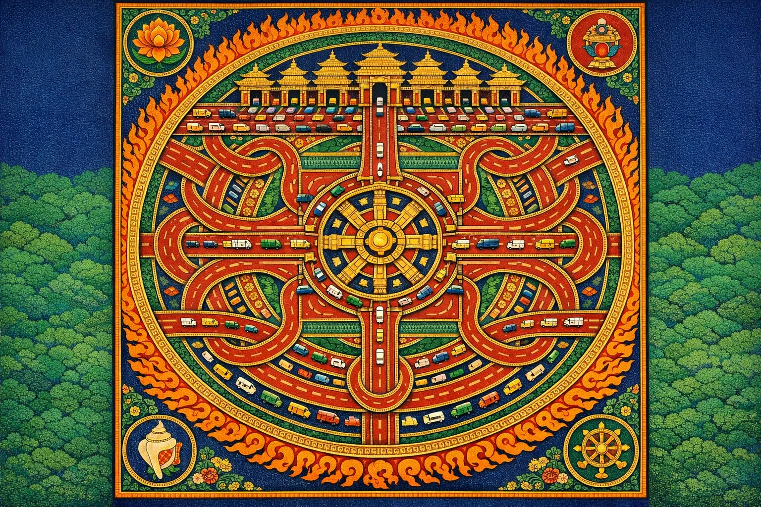 Toll Plaza of the Gates — Tibetan thangka mandala × road and transit infrastructure