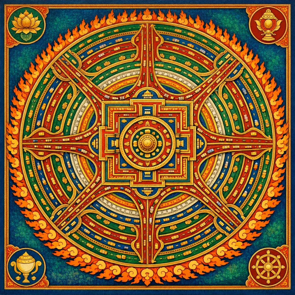 Wheel of the Ring Road — Tibetan thangka mandala × road and transit infrastructure
