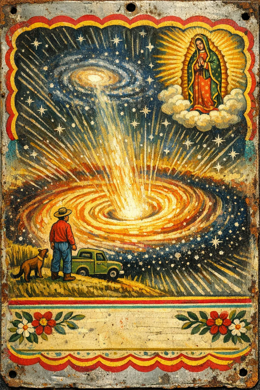 Thanks for the Black Hole — Mexican tin retablo folk painting × the cosmic sublime