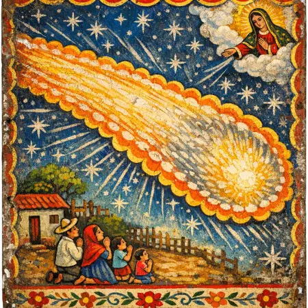 Thanks for the Comet — Mexican tin retablo folk painting × the cosmic sublime