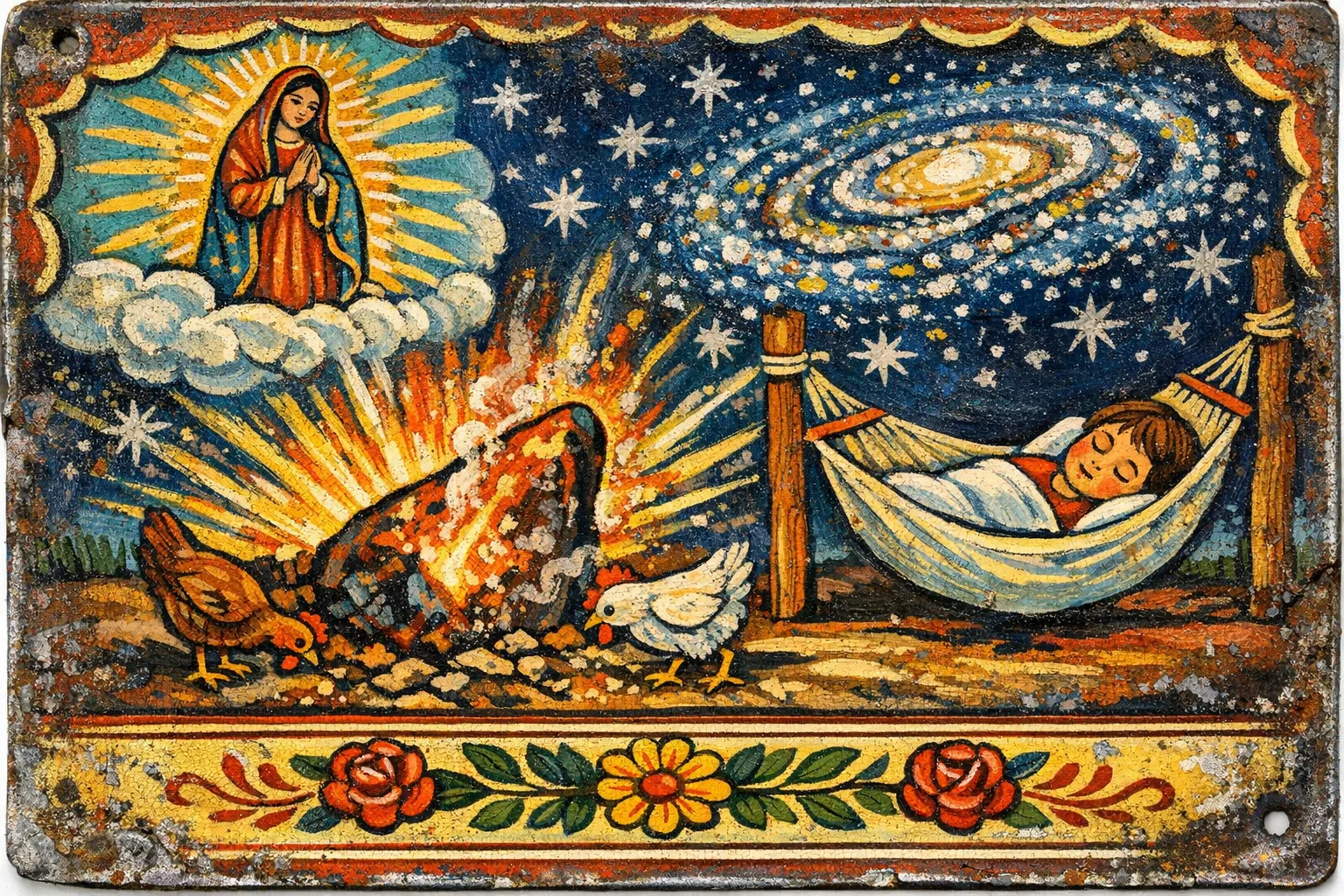 Thanks for the Meteor That Missed — Mexican tin retablo folk painting × the cosmic sublime