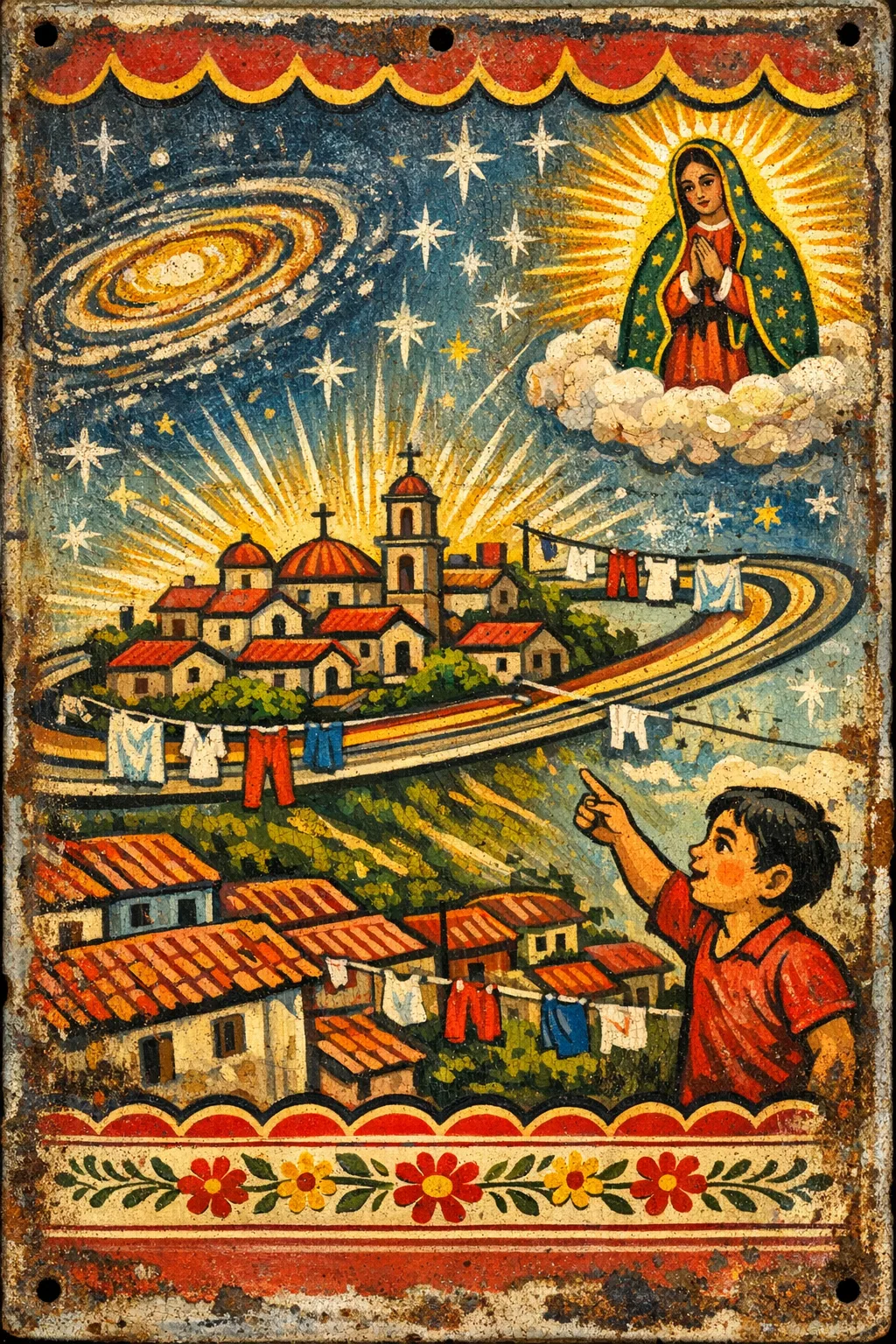Thanks for the Ring System — Mexican tin retablo folk painting × the cosmic sublime