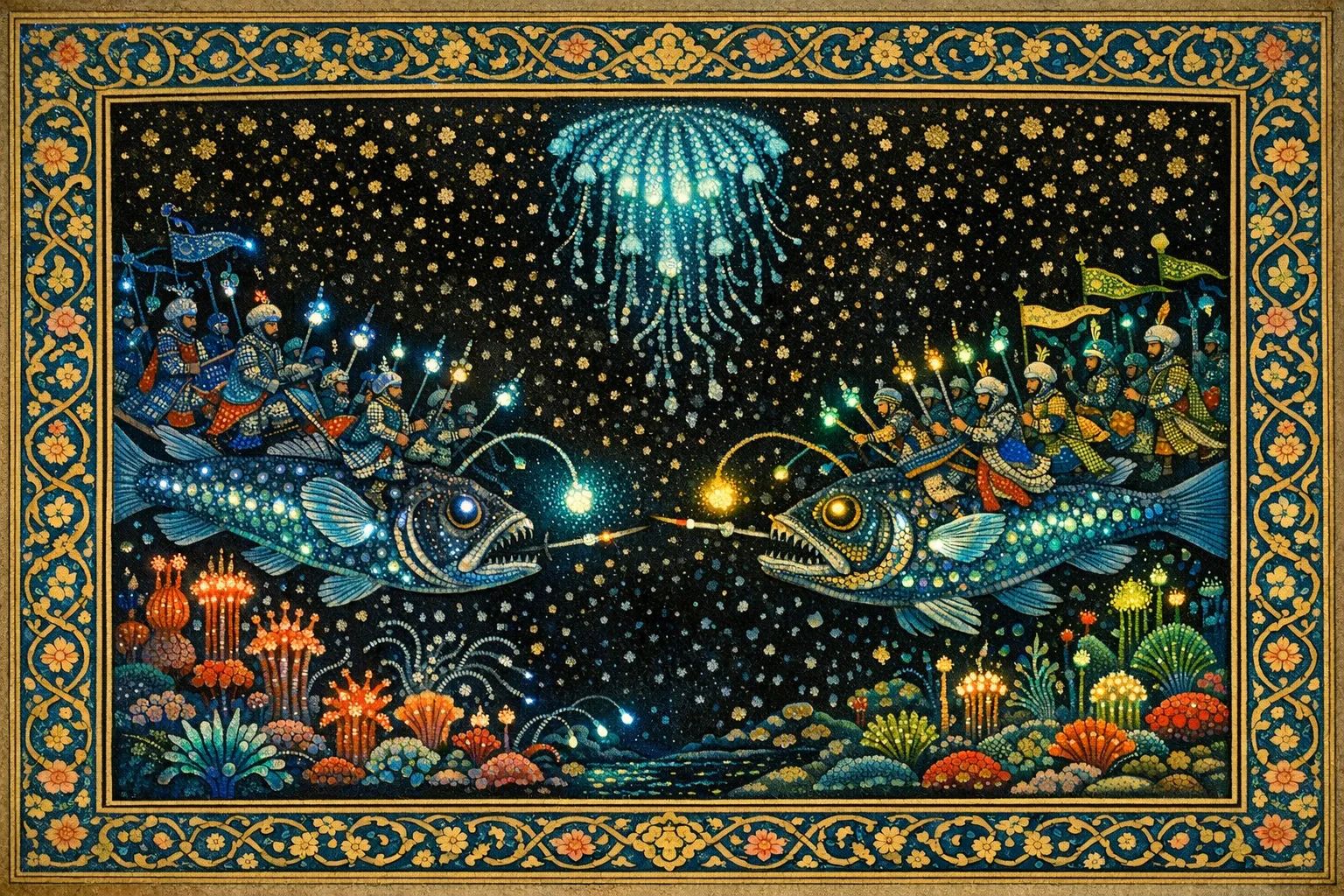 Battle of the Lanternfish — Persian and Mughal miniature painting × deep-sea bioluminescence