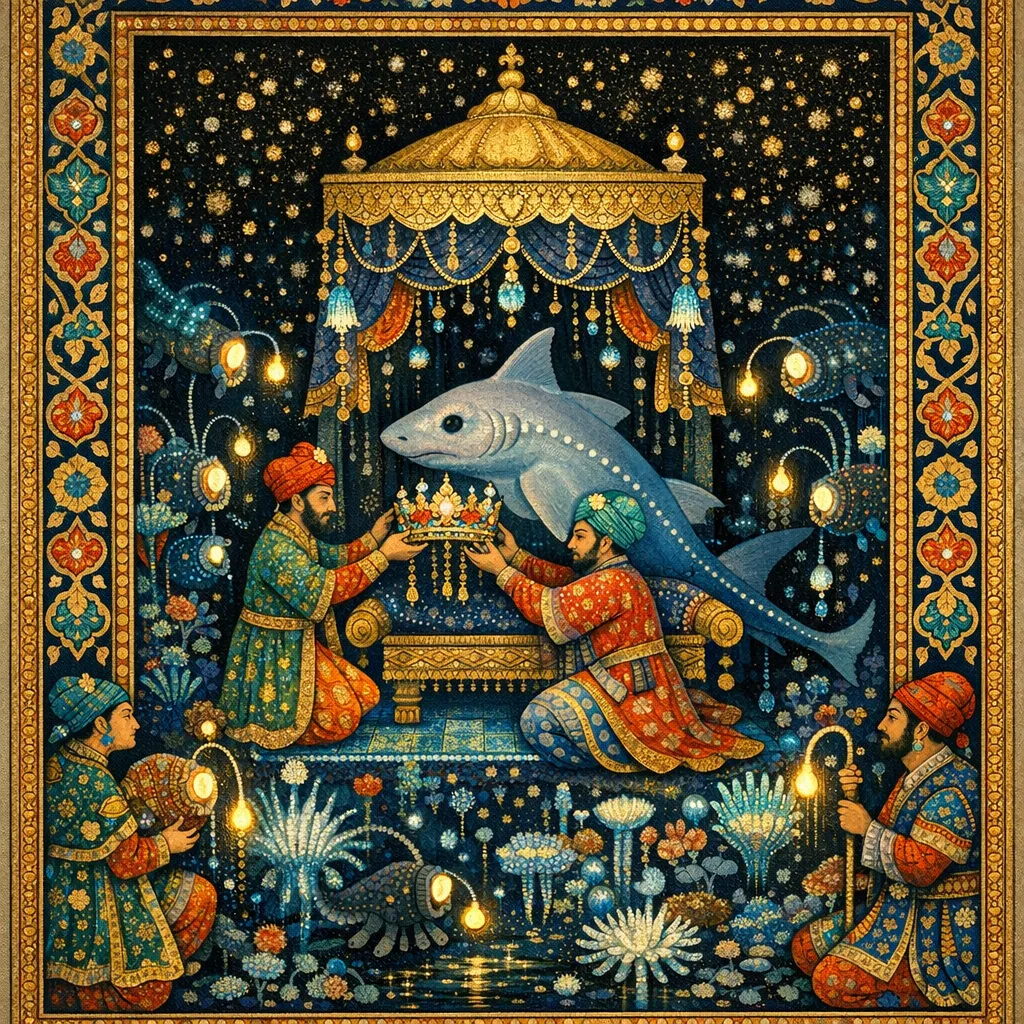 Coronation of the Chimaera — Persian and Mughal miniature painting × deep-sea bioluminescence