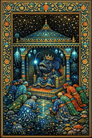 Court of the Anglerfish — Persian and Mughal miniature painting × deep-sea bioluminescence