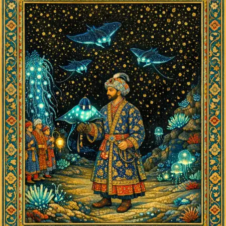 Falconer of Rays — Persian and Mughal miniature painting × deep-sea bioluminescence
