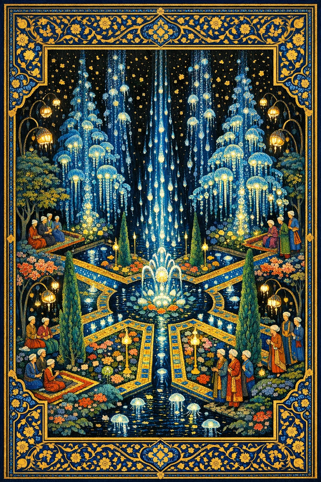 Garden of Siphonophores — Persian and Mughal miniature painting × deep-sea bioluminescence