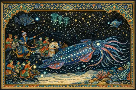 Hunt of the Giant Squid — Persian and Mughal miniature painting × deep-sea bioluminescence