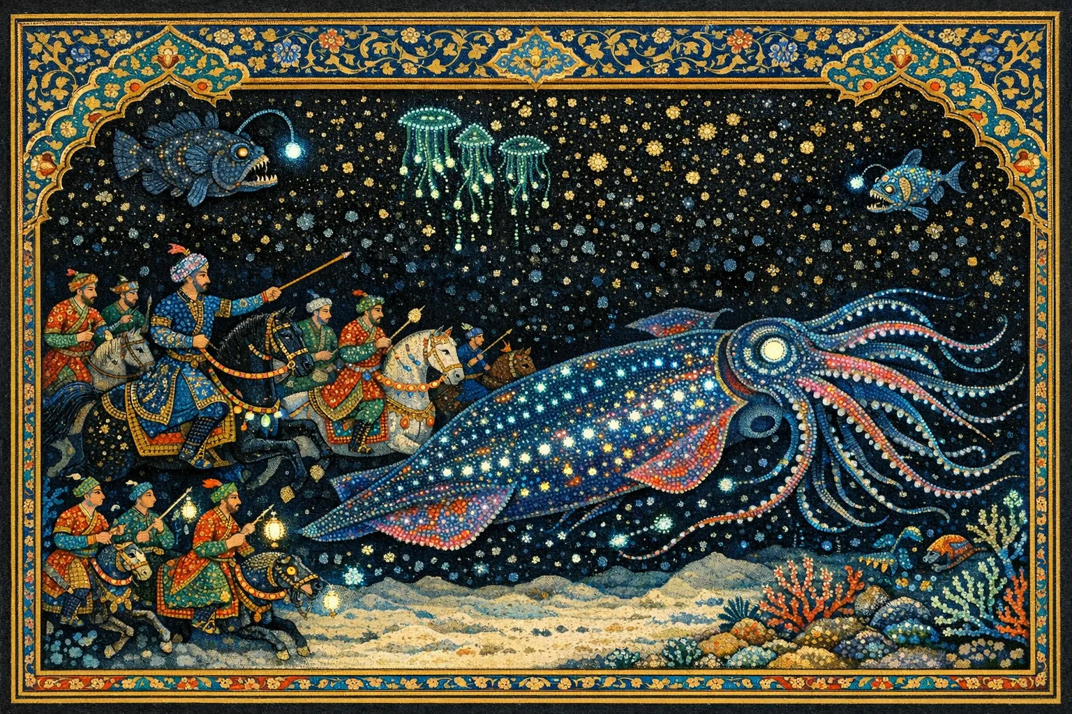 Hunt of the Giant Squid — Persian and Mughal miniature painting × deep-sea bioluminescence
