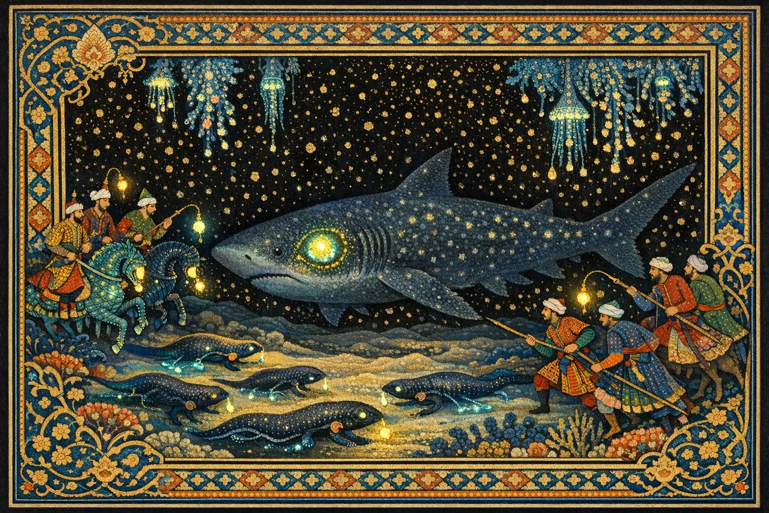 Hunt of the Sleeper Shark — Persian and Mughal miniature painting × deep-sea bioluminescence