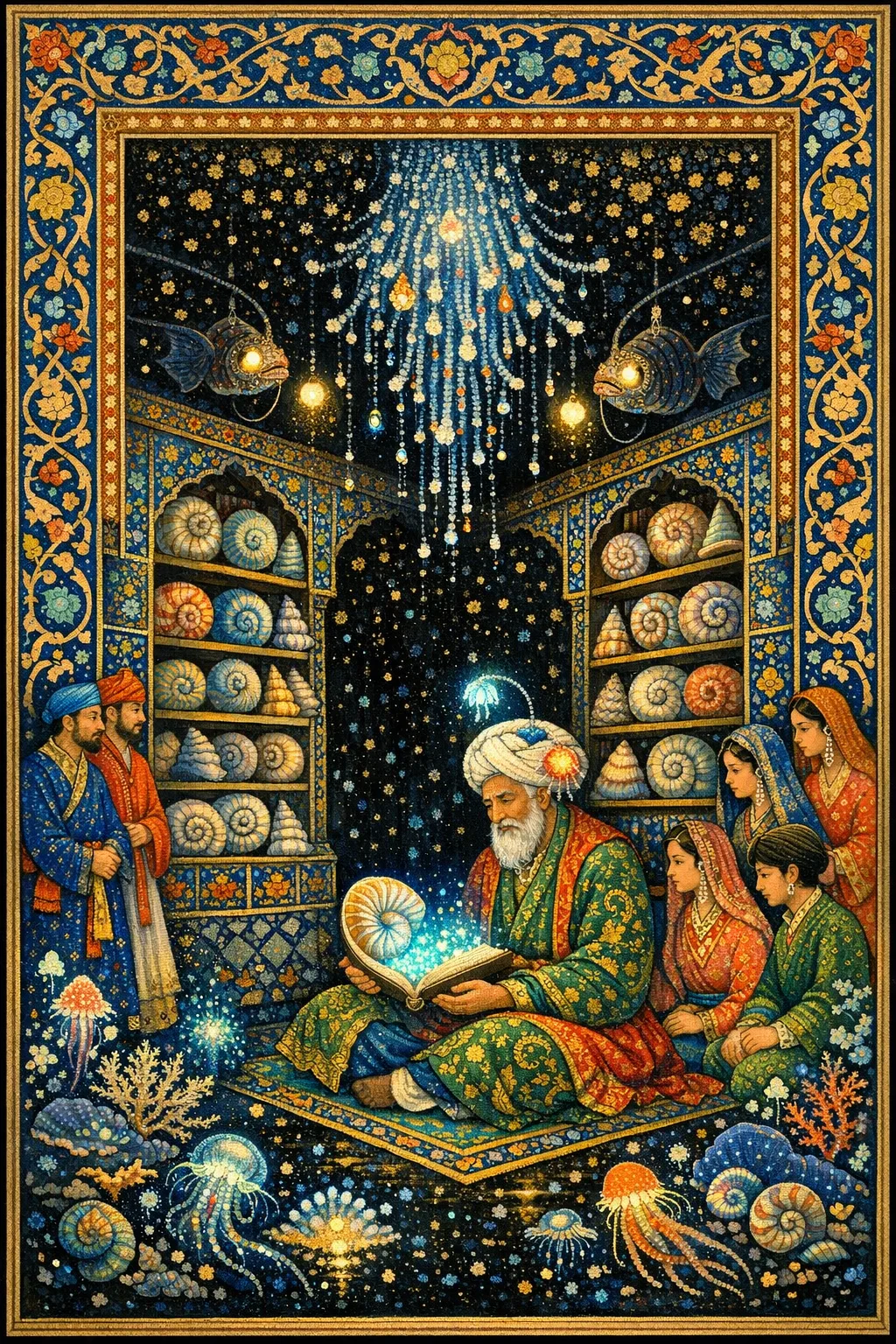 Library of Shells — Persian and Mughal miniature painting × deep-sea bioluminescence