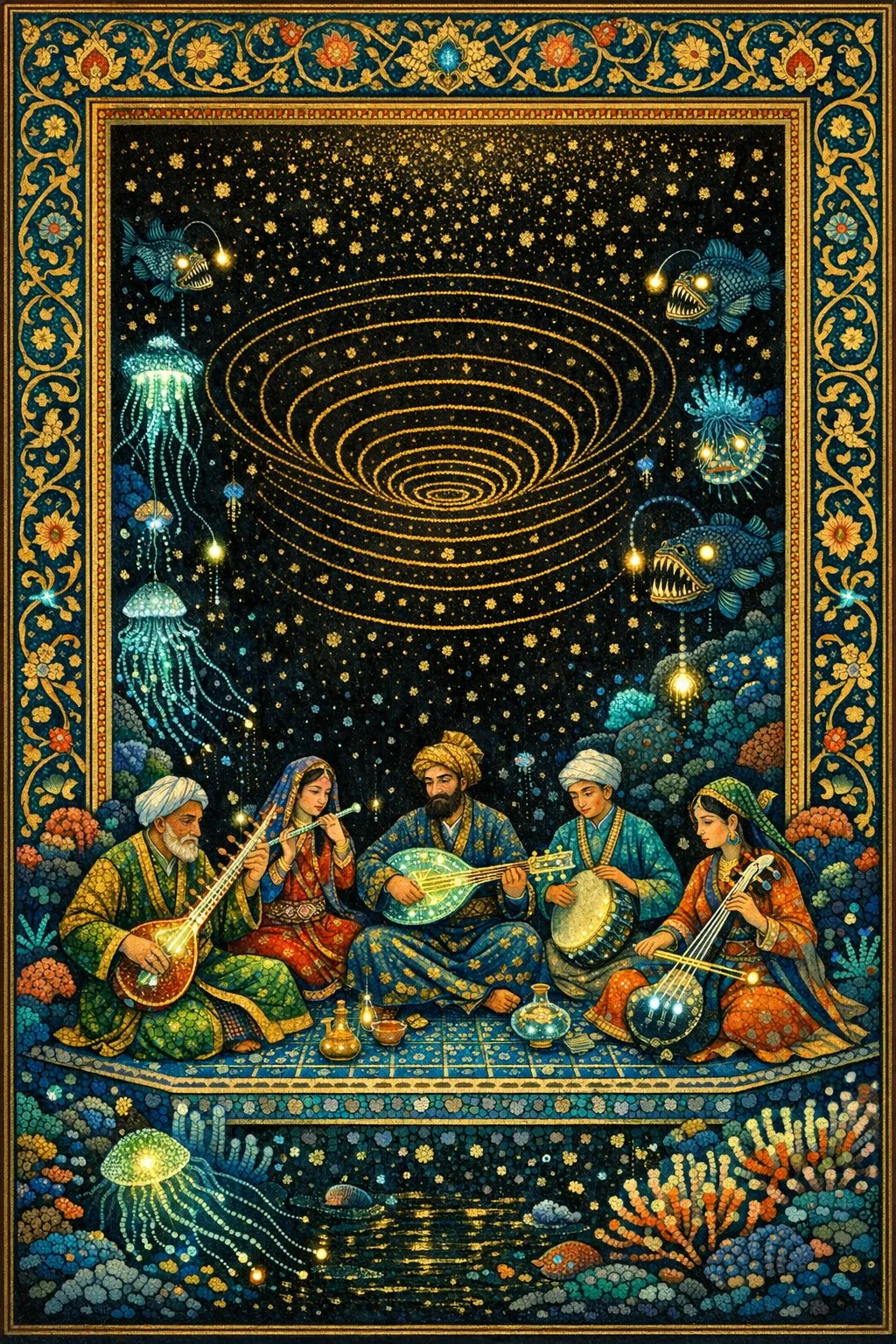 Musicians of the Midnight Zone — Persian and Mughal miniature painting × deep-sea bioluminescence