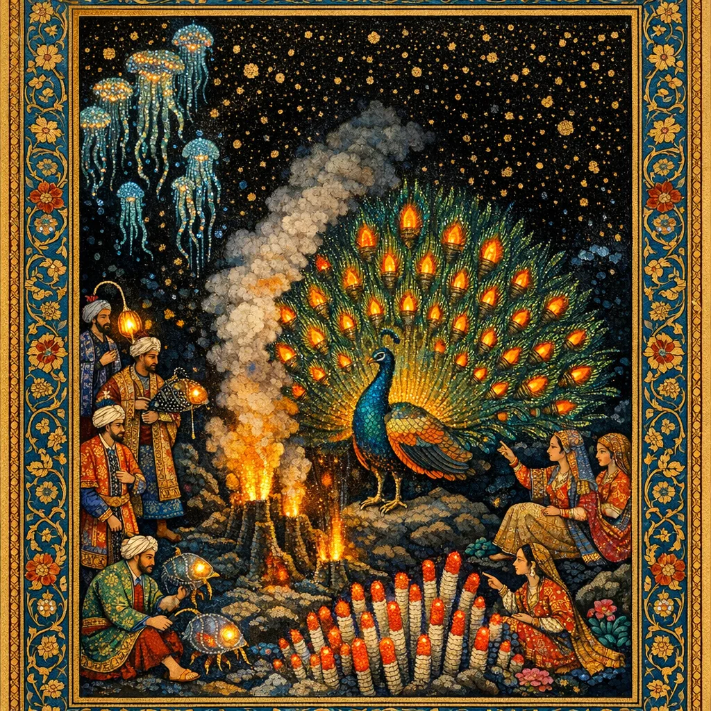 Peacock of the Vents — Persian and Mughal miniature painting × deep-sea bioluminescence