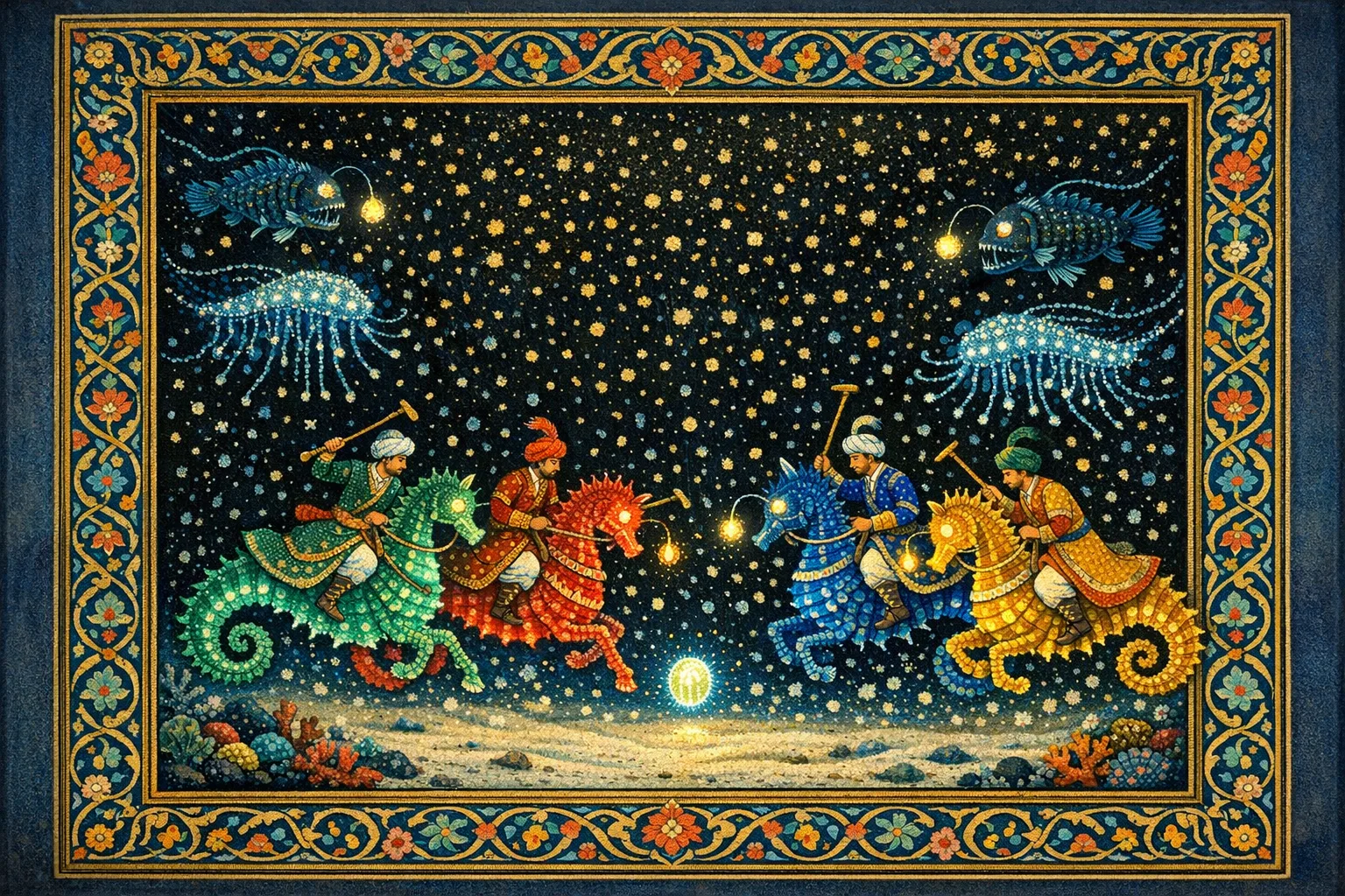 Polo on the Abyssal Plain — Persian and Mughal miniature painting × deep-sea bioluminescence