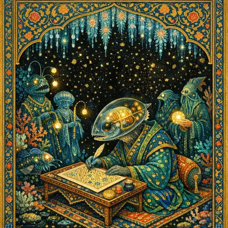 The Barreleye Scribe — Persian and Mughal miniature painting × deep-sea bioluminescence