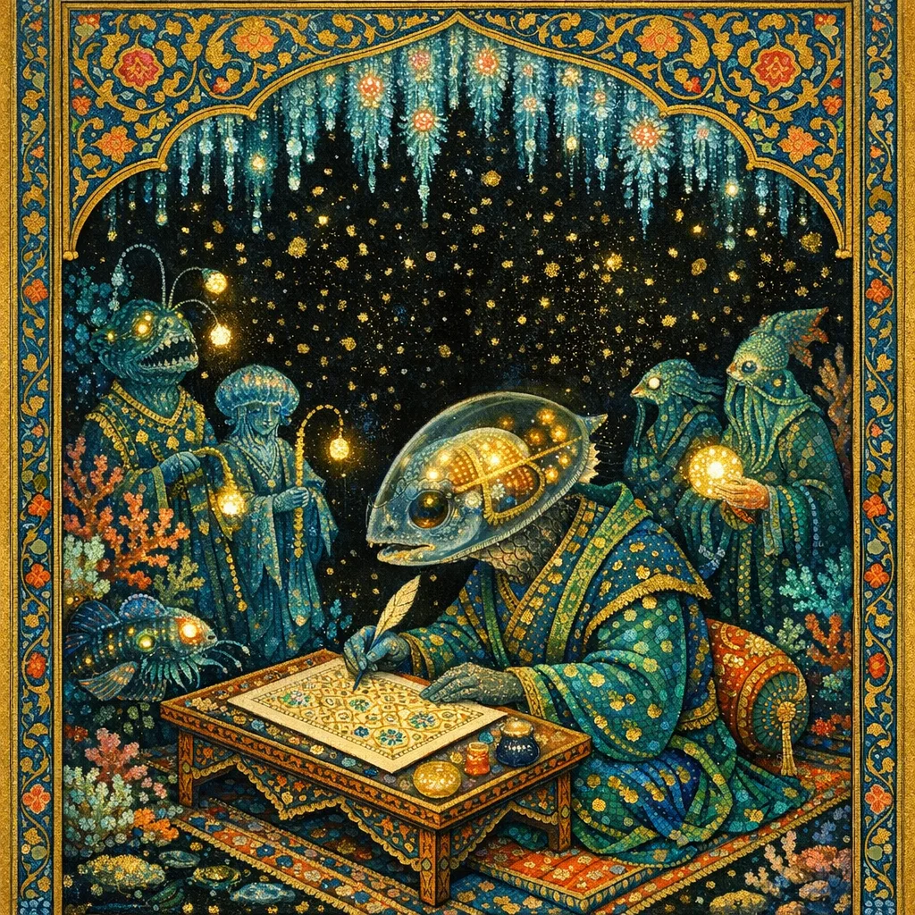 The Barreleye Scribe — Persian and Mughal miniature painting × deep-sea bioluminescence