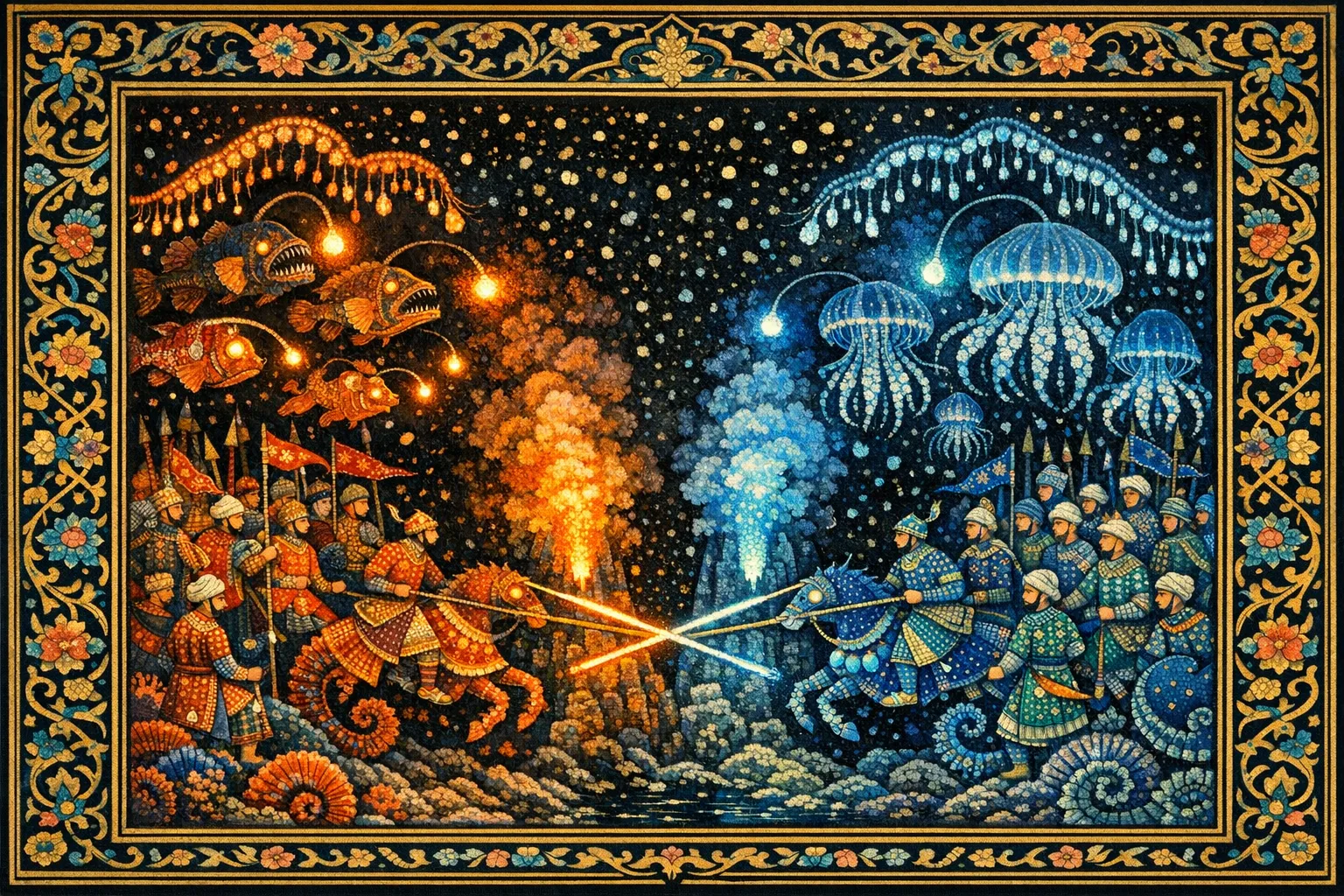 The Battle of Two Vents — Persian and Mughal miniature painting × deep-sea bioluminescence