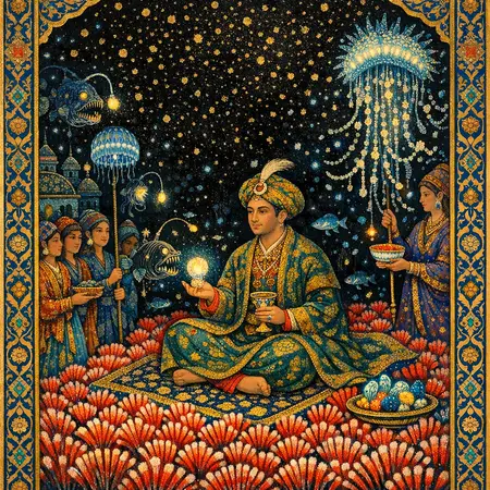 The Carpet of Tubeworms — Persian and Mughal miniature painting × deep-sea bioluminescence
