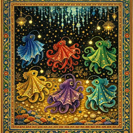 The Dumbo Octopus Dancers — Persian and Mughal miniature painting × deep-sea bioluminescence