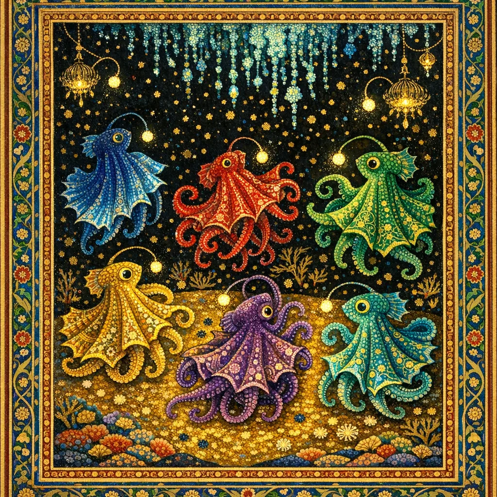 The Dumbo Octopus Dancers — Persian and Mughal miniature painting × deep-sea bioluminescence