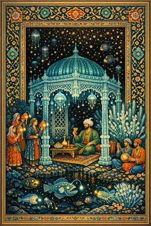 The Glass Sponge Pavilion — Persian and Mughal miniature painting × deep-sea bioluminescence