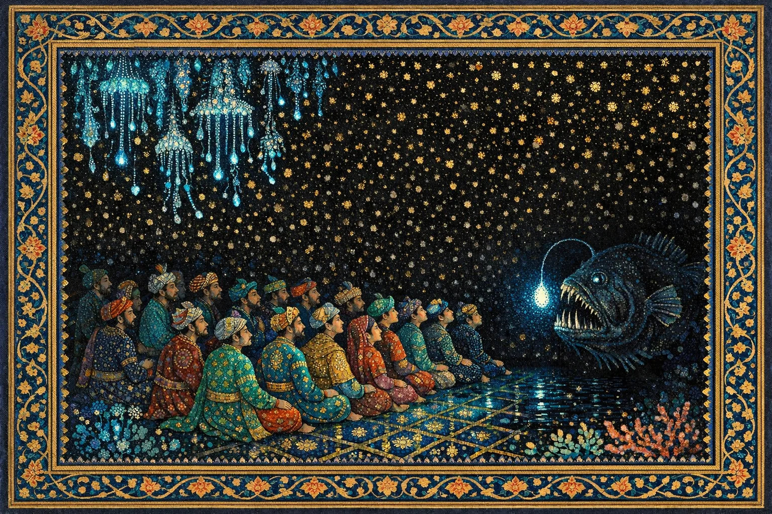 The Last Lamp Goes Out — Persian and Mughal miniature painting × deep-sea bioluminescence