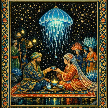The Pool of Still Water — Persian and Mughal miniature painting × deep-sea bioluminescence