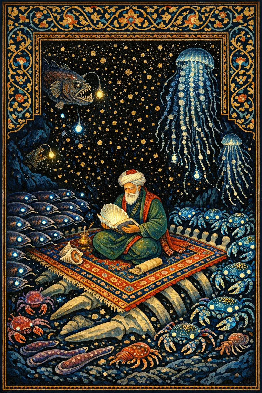 The Scholar and the Whalefall — Persian and Mughal miniature painting × deep-sea bioluminescence