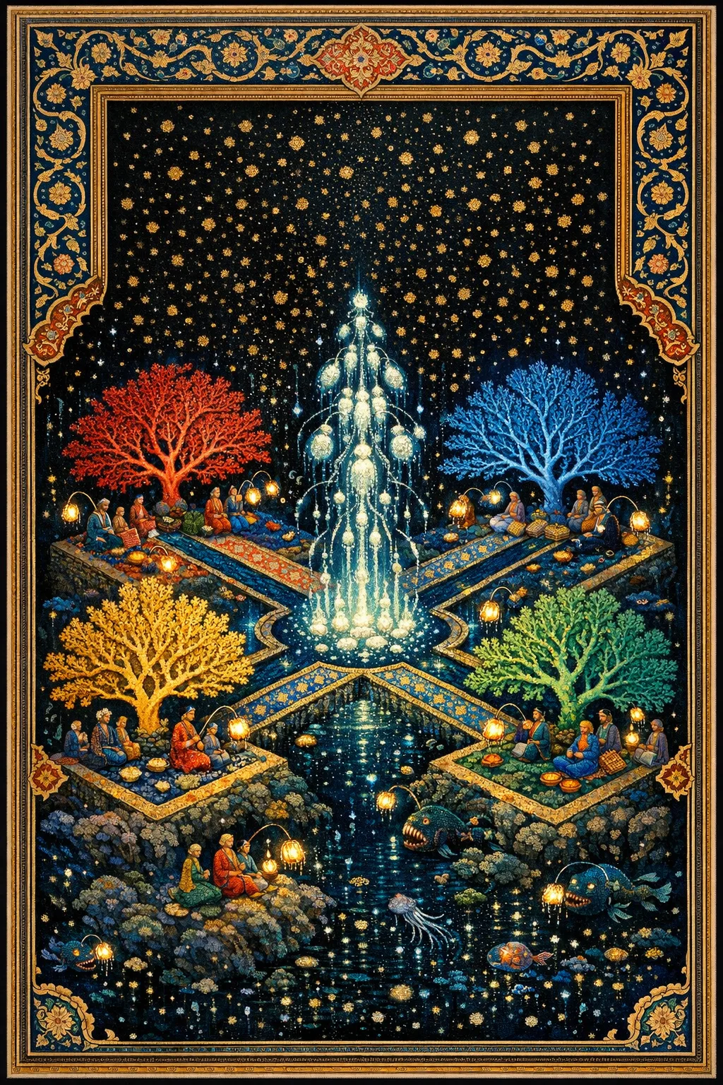 The Seamount Garden — Persian and Mughal miniature painting × deep-sea bioluminescence