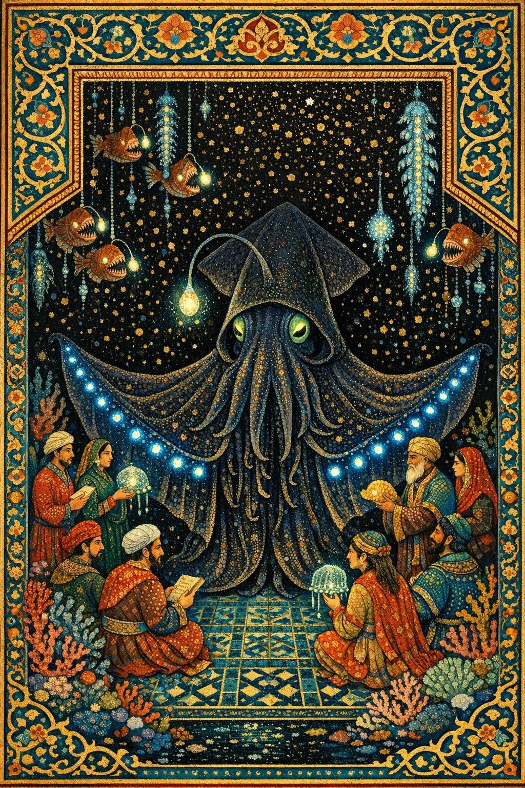 The Vampire Squid Audience — Persian and Mughal miniature painting × deep-sea bioluminescence
