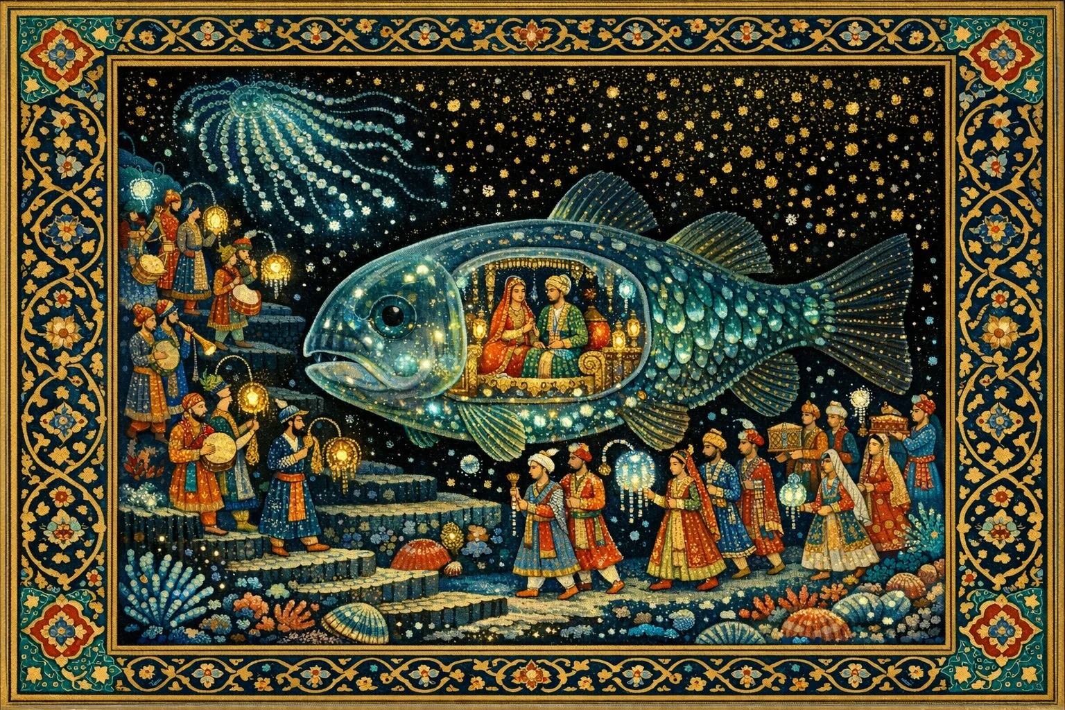 Wedding of the Barreleye — Persian and Mughal miniature painting × deep-sea bioluminescence