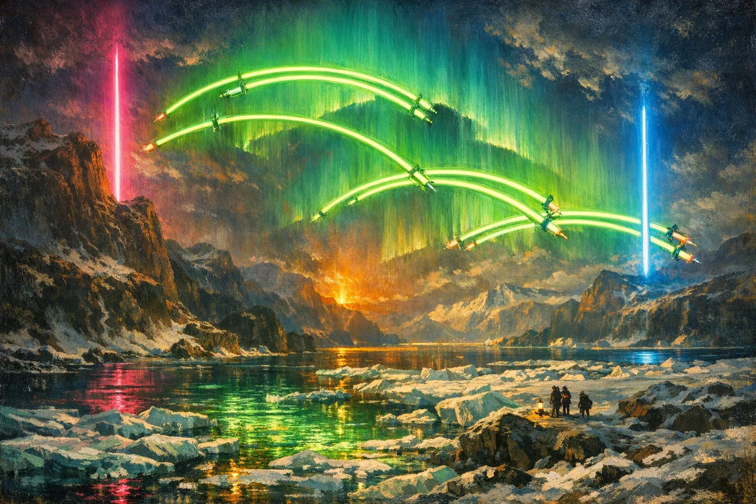 Aurora of Tubes — Hudson River School sublime × synthetic neon light