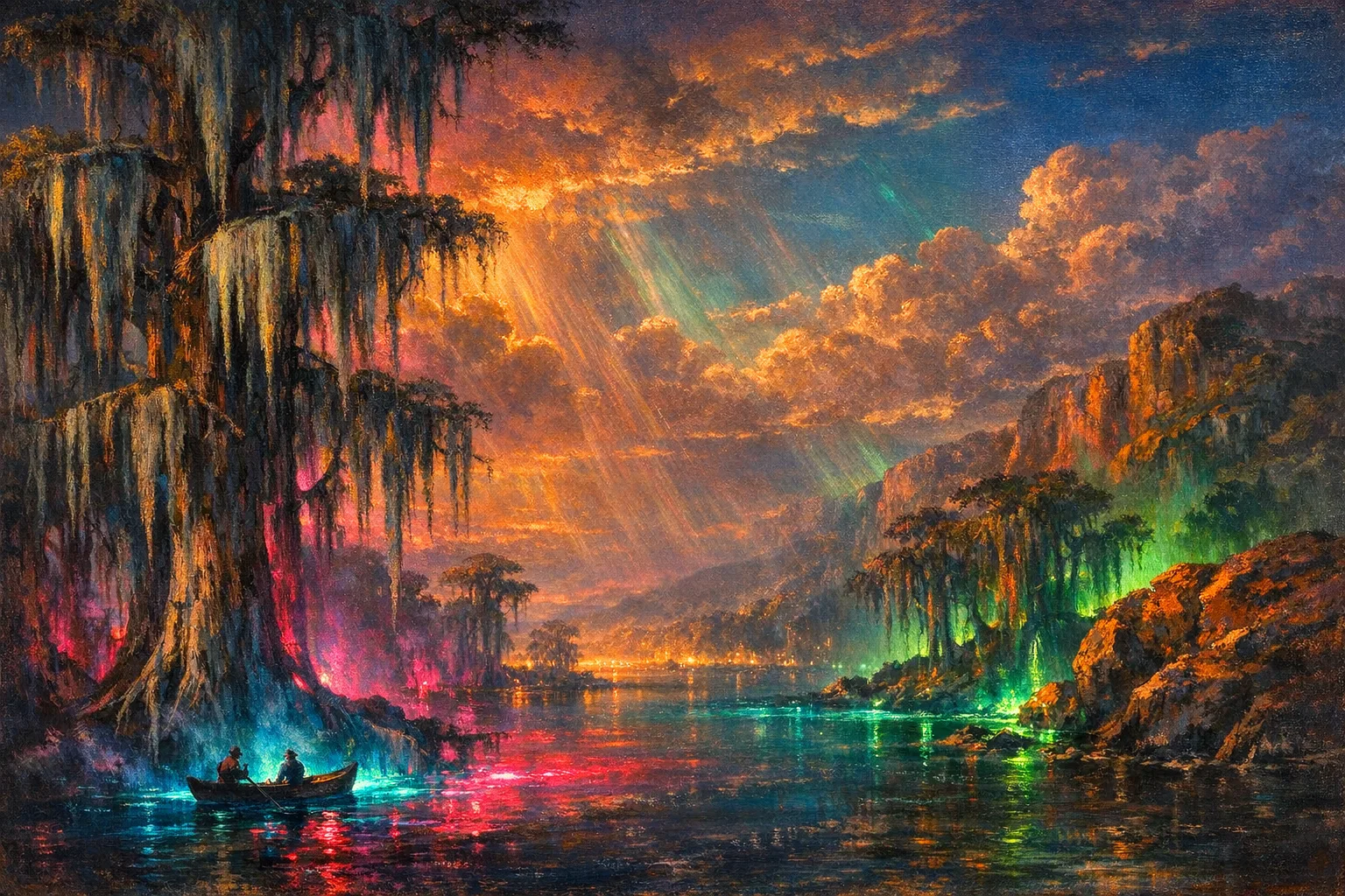 Cypress Swamp Vapour — Hudson River School sublime × synthetic neon light