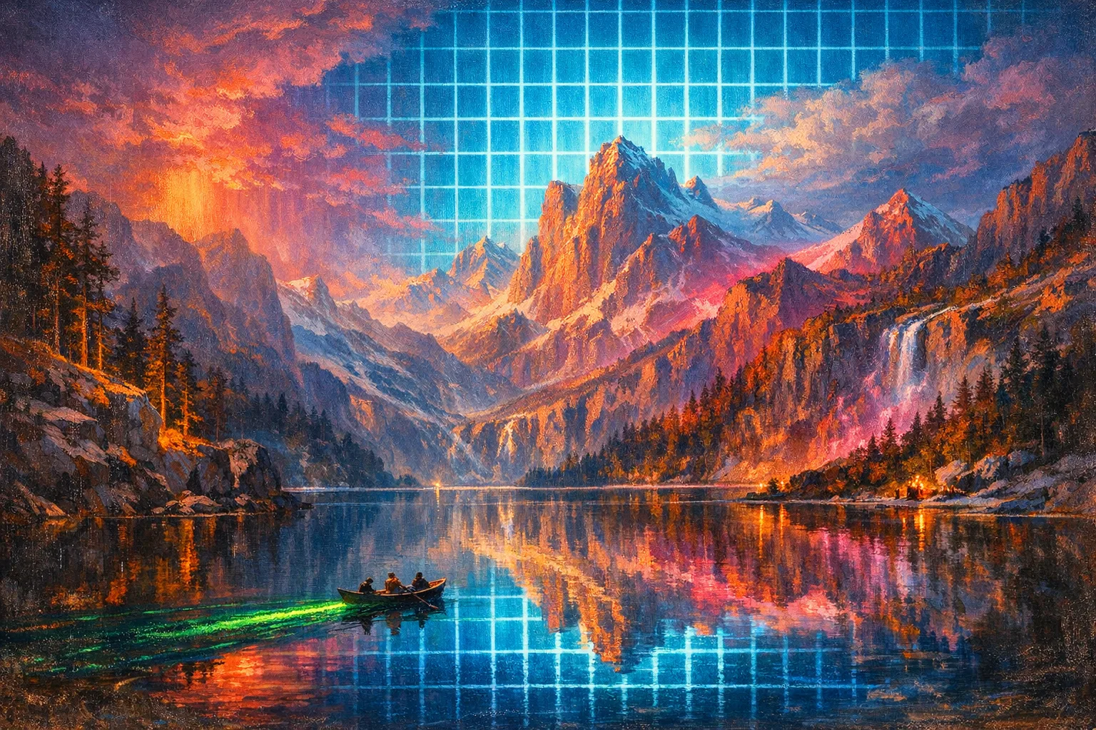 Lake of Mirrors — Hudson River School sublime × synthetic neon light