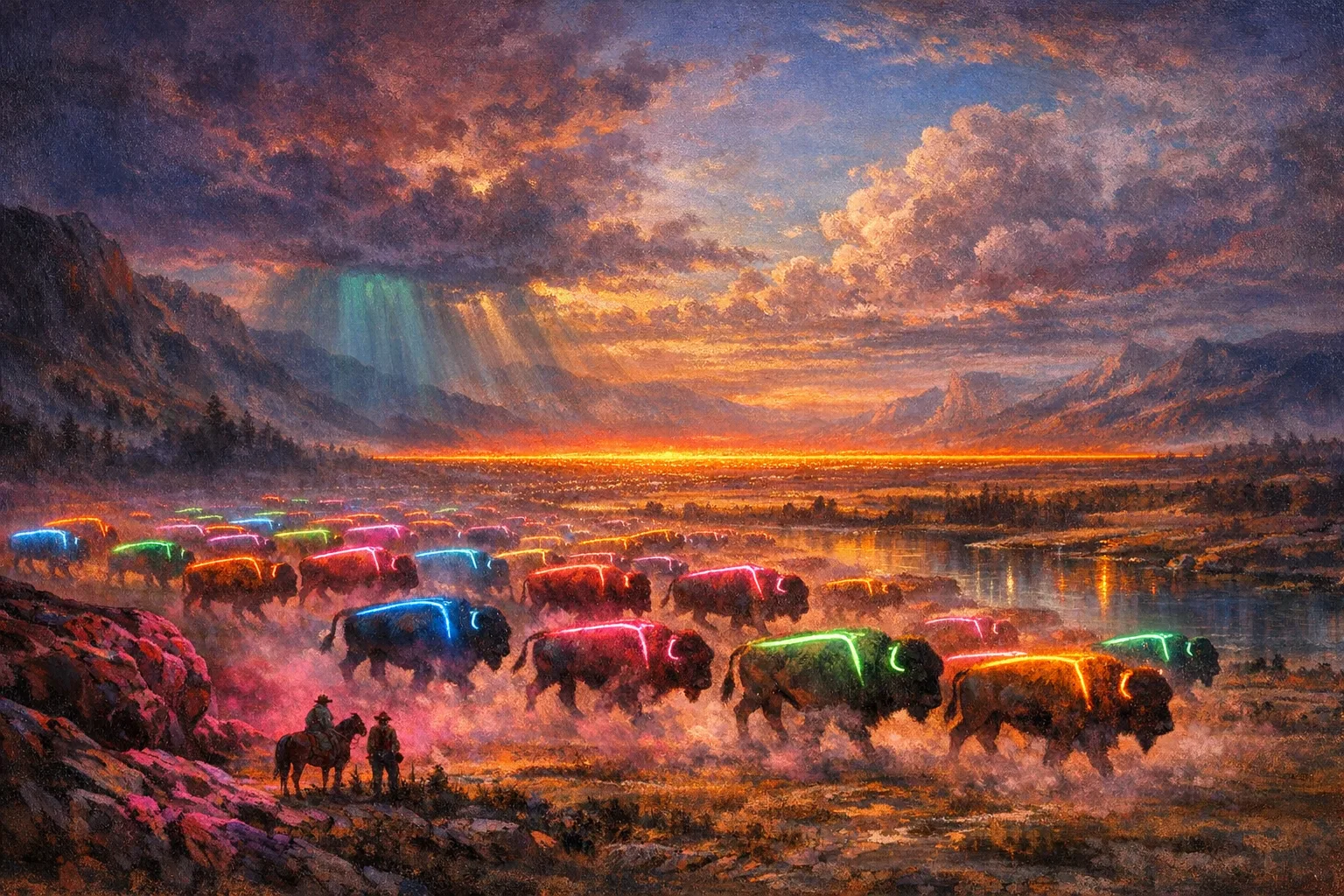 Neon Buffalo — Hudson River School sublime × synthetic neon light