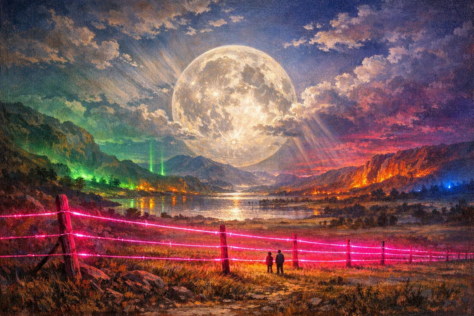 Prairie Moon and Wire — Hudson River School sublime × synthetic neon light