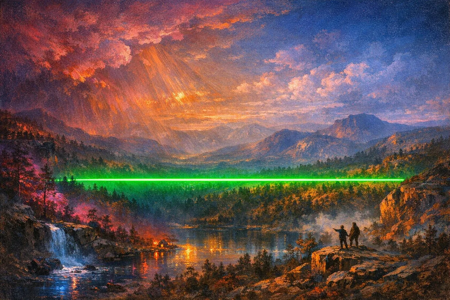The Laser Treeline — Hudson River School sublime × synthetic neon light